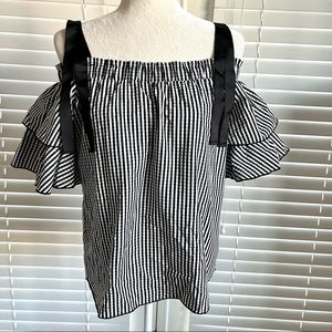 Tempted Boutique Medium Black White Gingham Plaid Off Shoulder Blouse Top BOHO